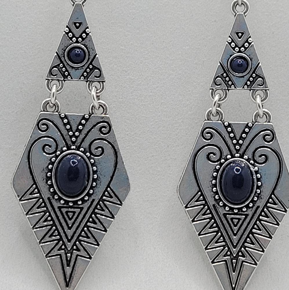 Egyptan mummy style beats work Earring set 7cm long silver and navy blue beats
